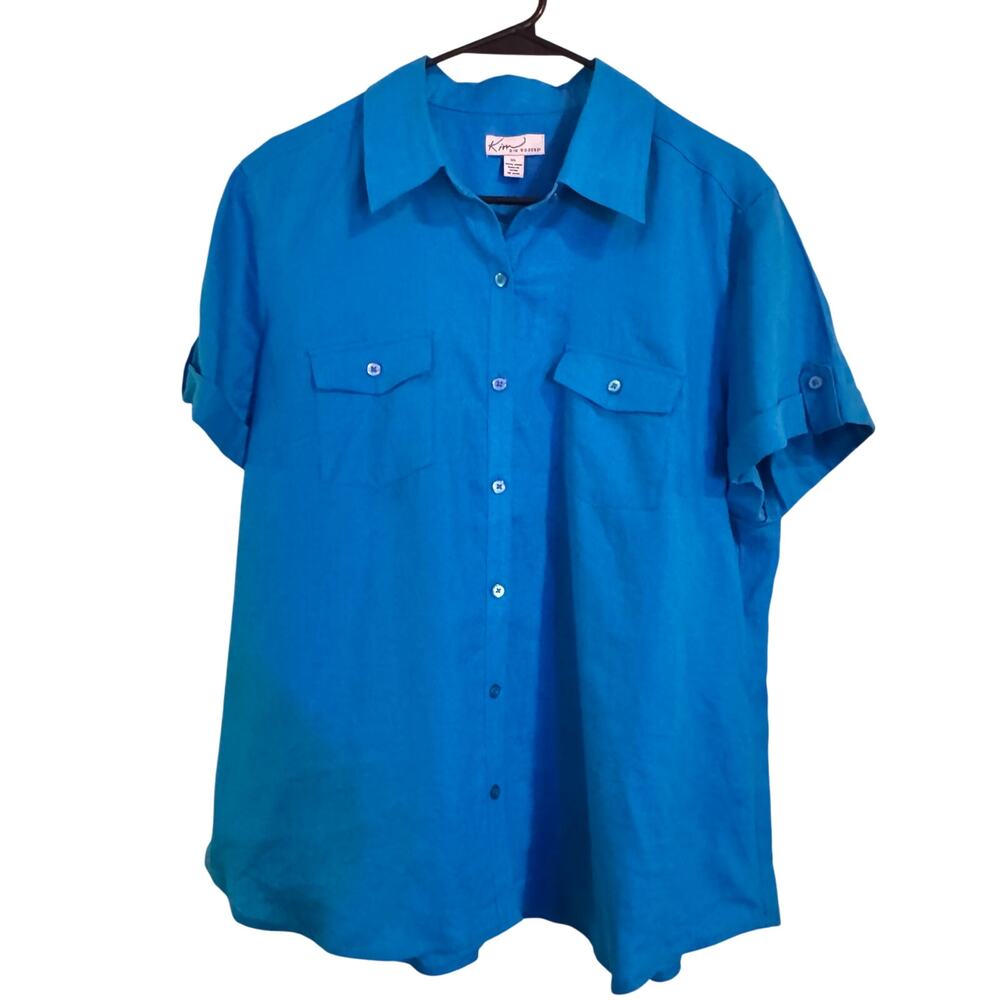 Kim Rogers Bright Blue LINEN XL Blouse GORGEOUS!!
